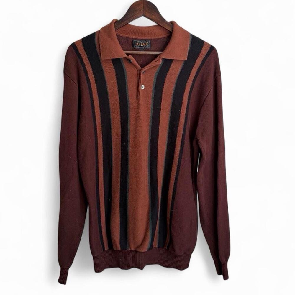 Beams Plus Japan Retro Mens L Long Sleeve Polo Preppy Bowling Minimalist Shirt